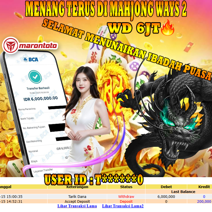 Bukti Kemenangan Member Marontoto Sebesar 6,000,000 JuTa