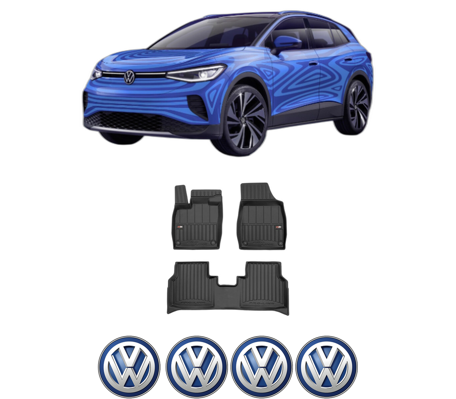Set covorase presuri Volkswagen ID.4 (E21) din 2020-2022, auto, din cauciuc thermoplastic, 4 Stickere auto cu Volkswagen