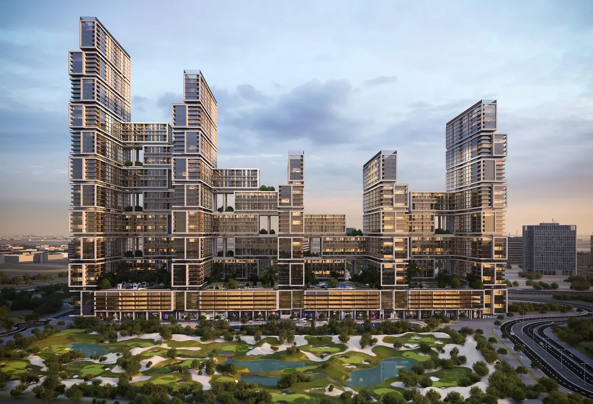 Exterior architectural rendering of Sobha One - Tower E overlooking Ras Al Khor and Dubai skyline, luxury Sobha high‑rise residential tower surrounded by greenery and waterfront views, premium Dubai apartment investment Distress Deal