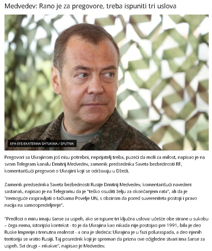 Medvedev: "Rano je za pregovore, treba ispuniti tri uslova"...samostalnost Kosova se valjda porazumijeva.  Screenshot-11040