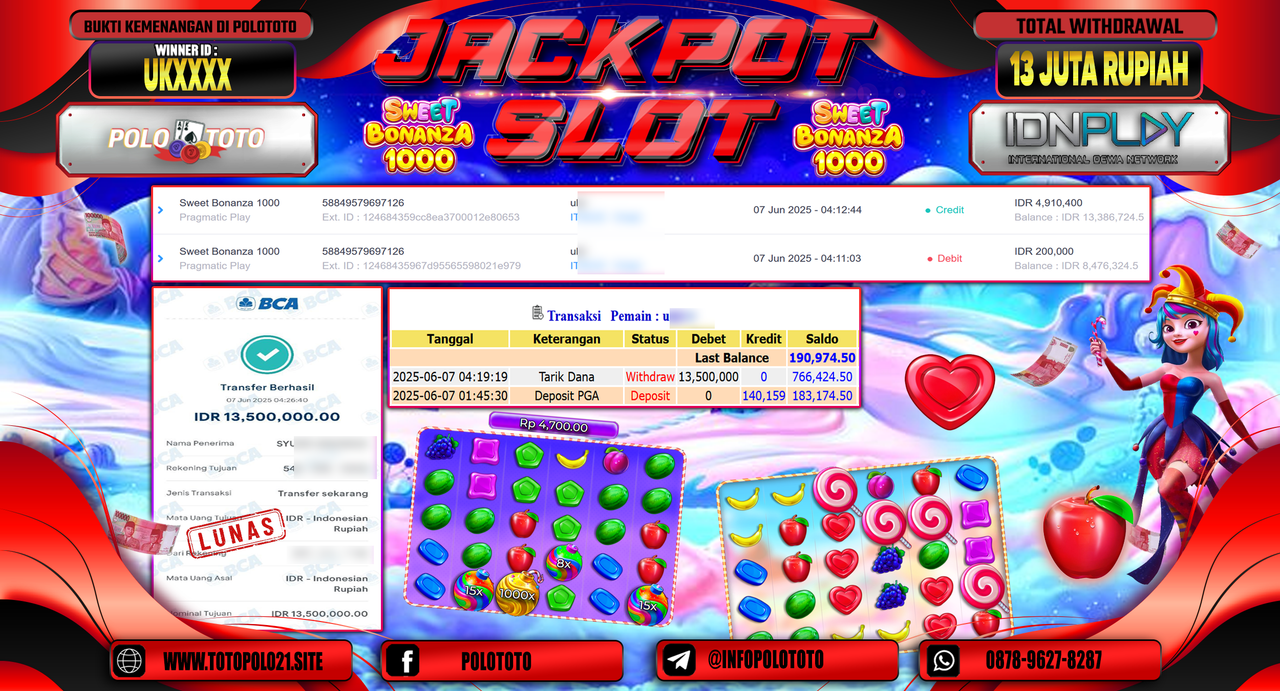 POLOTOTO JACKPOT SLOT SWEET BONANZA 1000 Rp.13.500.000,-