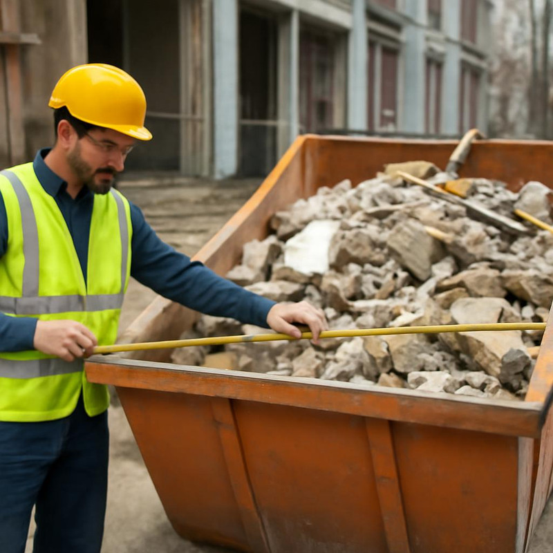 Специалист рассчитывает объем контейнера для строительного мусора на объекте