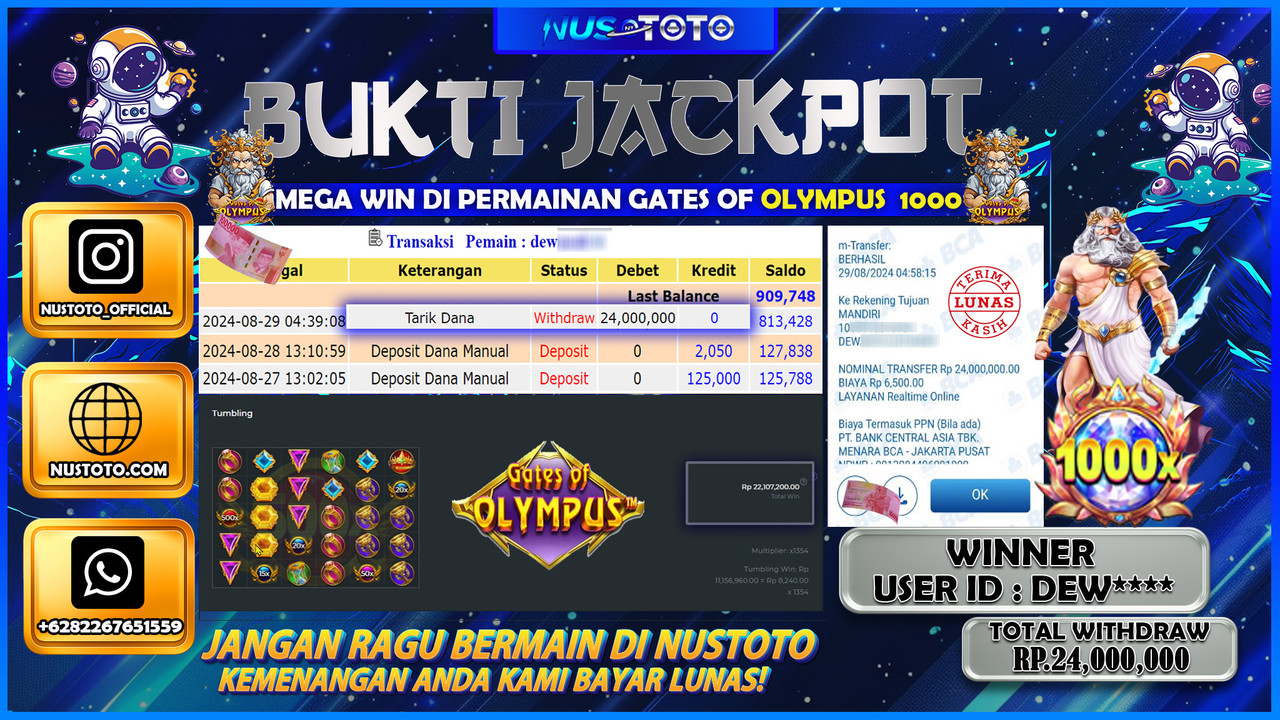 MAXWIN !! MENANG BESAR DI GAME GATES OF OLYMPUS 1000 SENILAI Rp. 24.000.000 LANGSUNG DI BAYAR LUNAS NUSTOTO !!