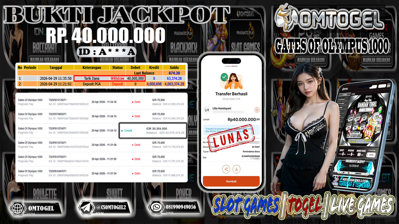 OMTOGEL JACKPOT PRAGMATIC PLAY GATES OF OLYMPUS 1000 , 40 JUTA DI BAYAR LUNAS ,-