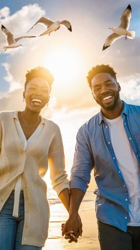 A happy and respectful couple enjoying a wholesome date, like a walk in the park or a coffee chat, reflecting a Christ-centered relationship.
