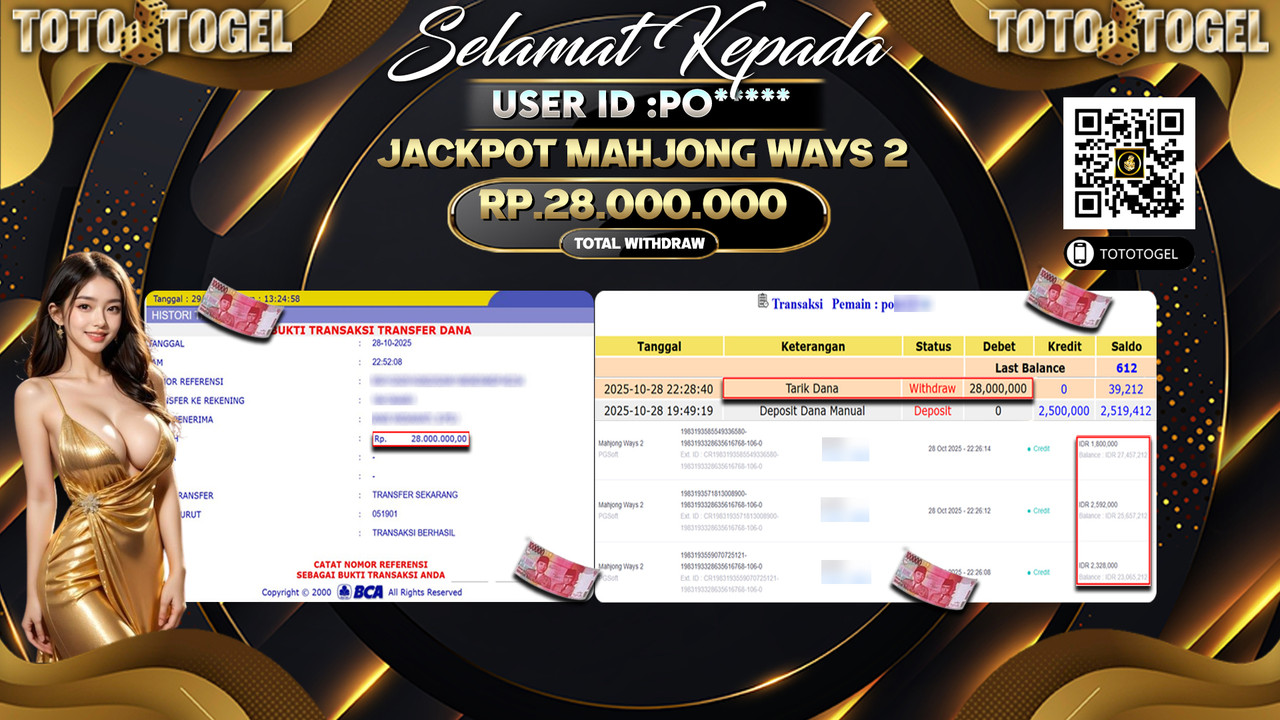 Bukti Pembayaran Jackpot Permainan Slot Mahjong Ways 2 ID:PO**** LUNAS
