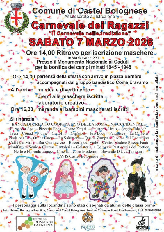 A Castel Bolognese (Ra) torna il Carnevale dei Ragazzi: sabato 7 marzo colori, musica e tradizione A Castel Bolognese (Ra) torna il Carnevale dei Ragazzi: sabato 7 marzo colori, musica e tradizione