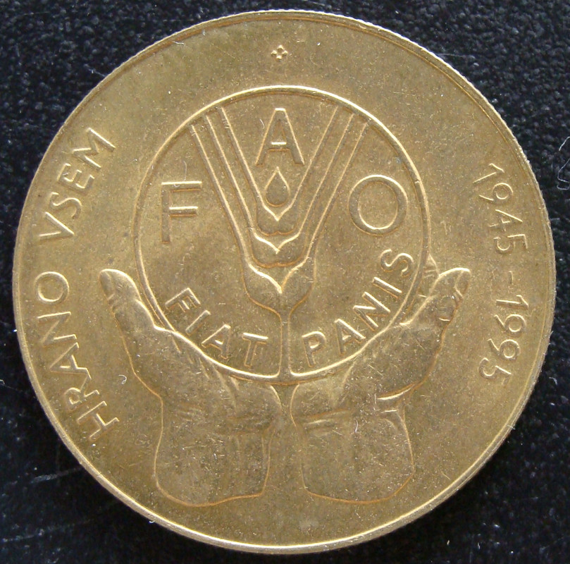 Eslovenia. Monedas conmemorativas de 5 Tolar (1993-1997) Completa. SLO-5-Tolar-1995-50-Aniversario-FAO-rev