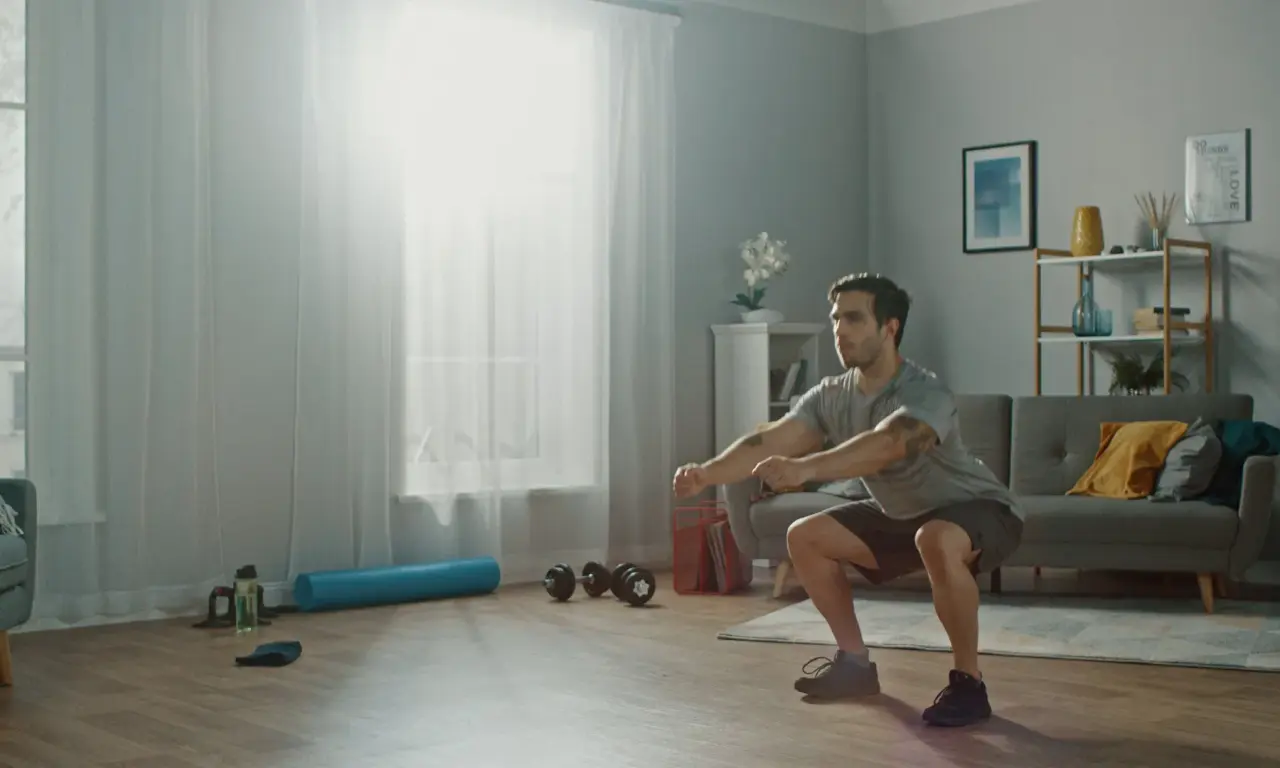 Person exercising in living room with furniture