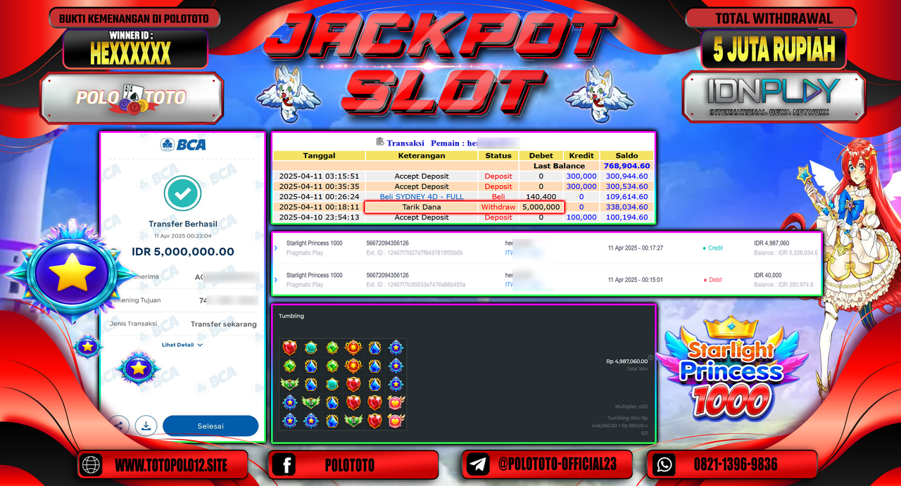 POLOTOTO JACKPOT SLOT STARLIGT PRINCESS 1000 Rp.5.000.000,-