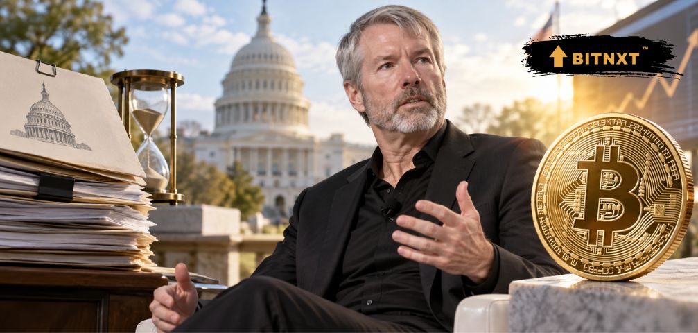 Michael Saylor, Bitcoin coin aur US Capitol ke saath crypto policy concept image.