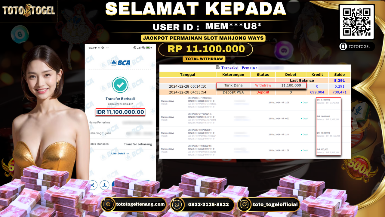 Bukti Pembayaran Jackpot  Permainan Slot Mahjong Ways  : MEM***U8* LUNAS