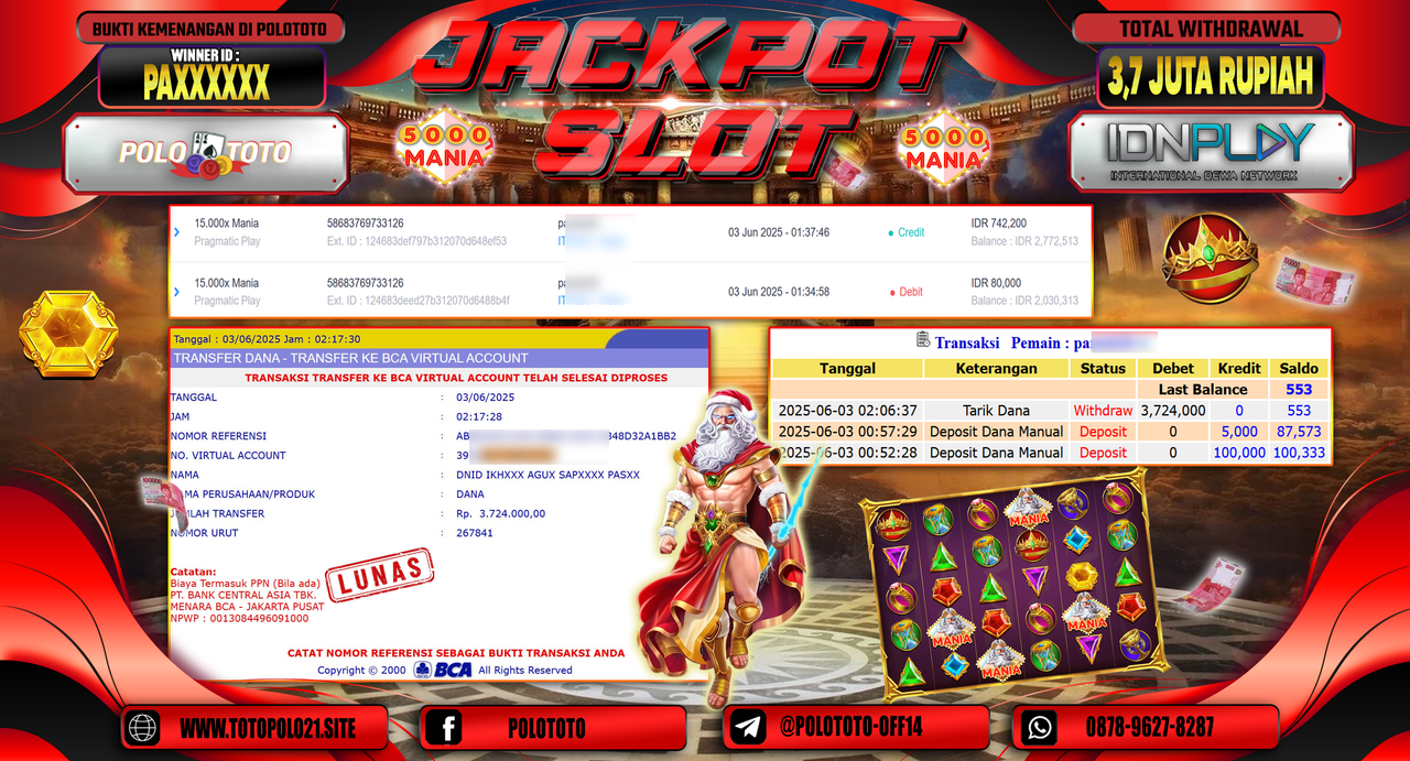 POLOTOTO JACKPOT SLOT 15.000X MANIA Rp.3.724.000,-