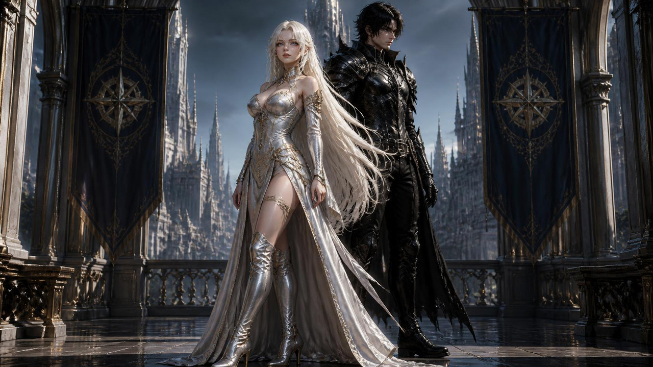 Orielle is a 5 8 tall woman with waist long platinum hair wearing a silver and gold made corset and