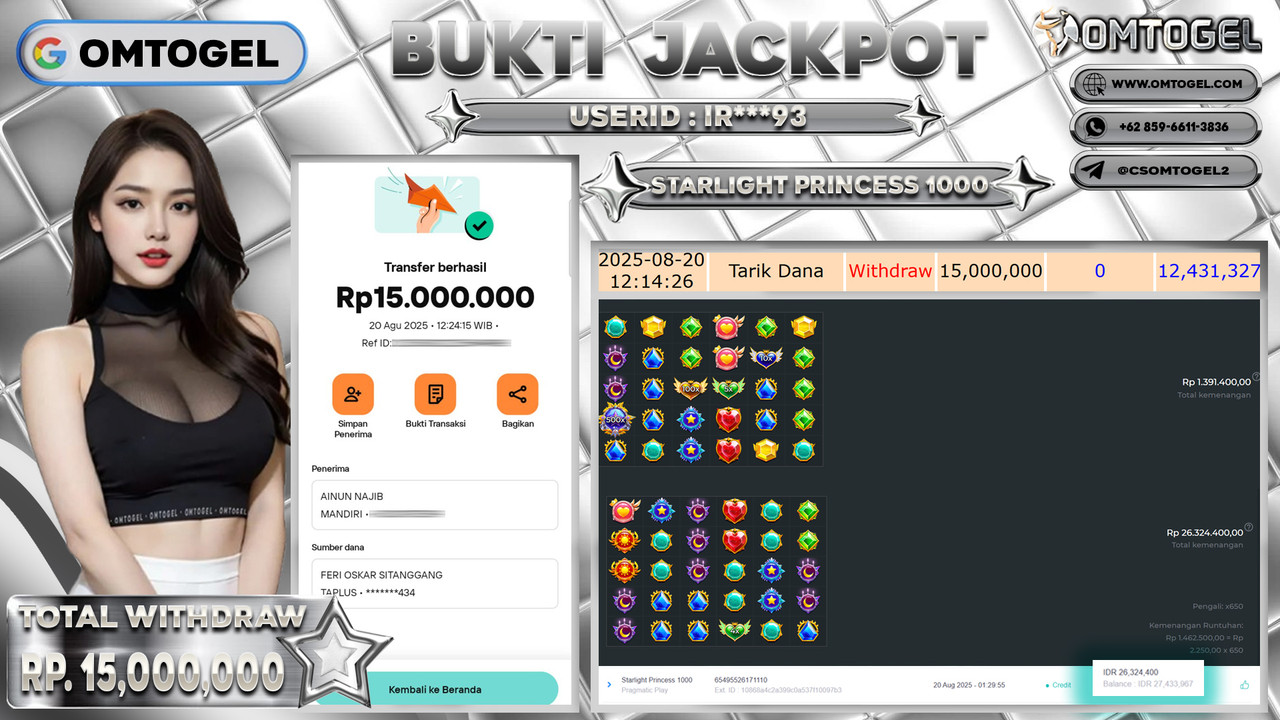 OMTOGEL JACKPOT PRAGMATIC PLAY STARLIGHT PRINCESS 1000 15 JUTA DI BAYAR LUNAS ,-