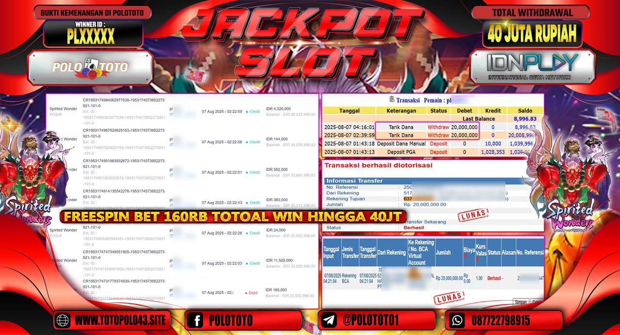 POLOTOTO JACKPOT SLOT SPIRITED WONDERS Rp.40.000.000,-LUNAS