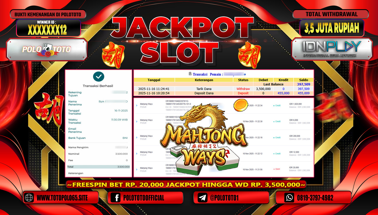 POLOTOTO JACKPOT SLOT MAHJONG WAYS Rp.3.500.000,- LUNAS