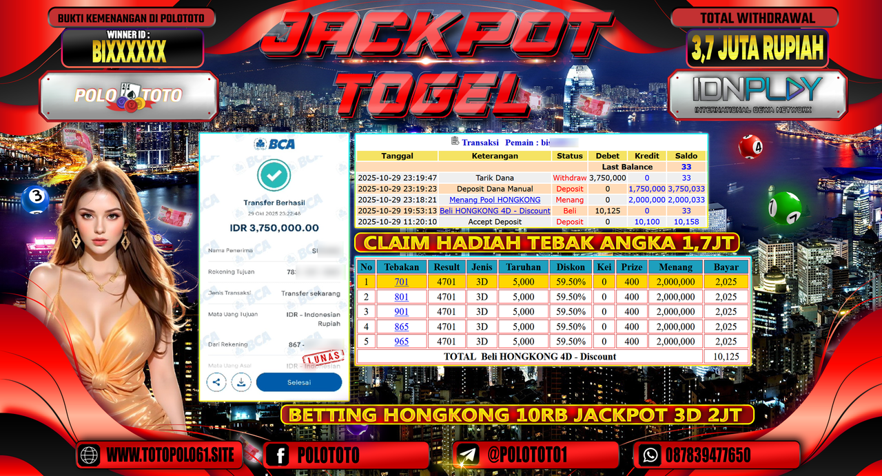 POLOTOTO JACKPOT TOGEL MENANG HONGKONG LOTTO Rp.3.700.000,- LUNAS