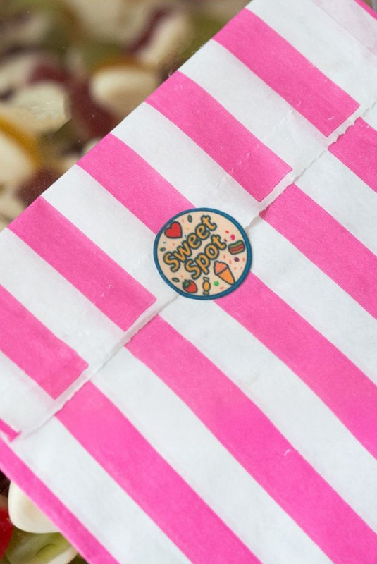 A close-up of the Sweet Spot sticker on our candy bag