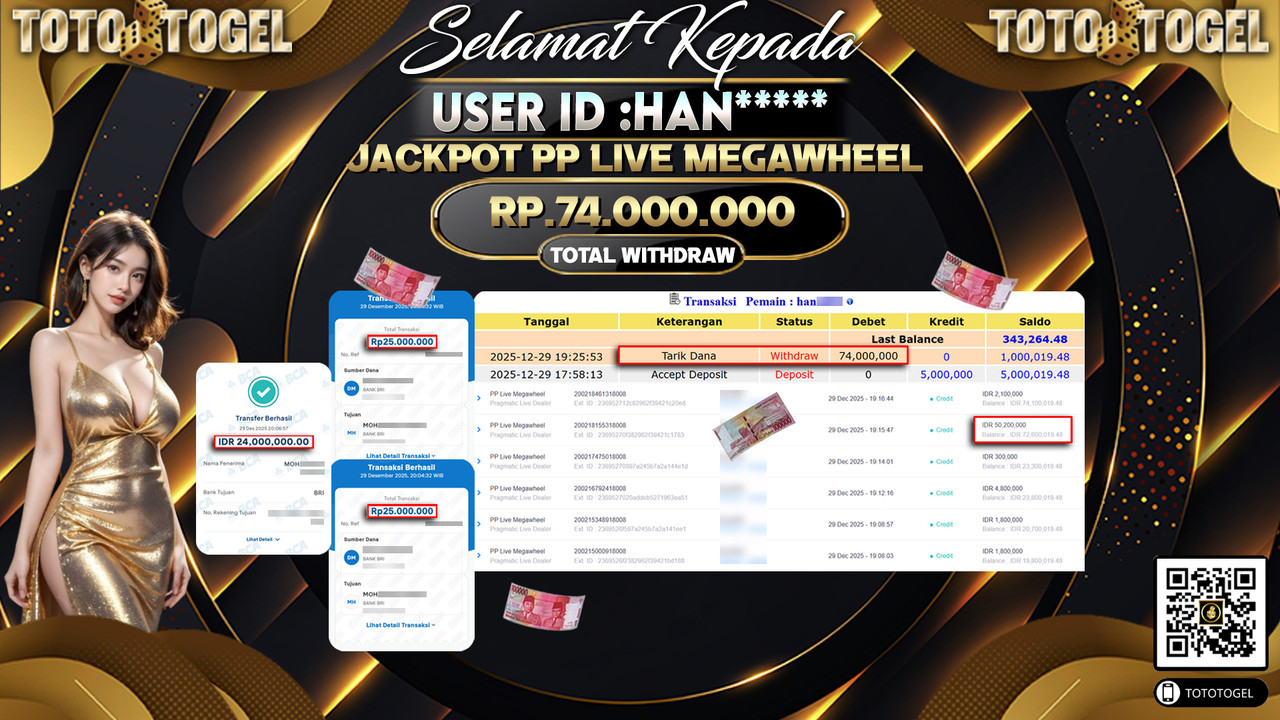 Bukti Pembayaran Jackpot Permainan Pragmatic Live PP Live Megawheel ID:HAN**** LUNAS