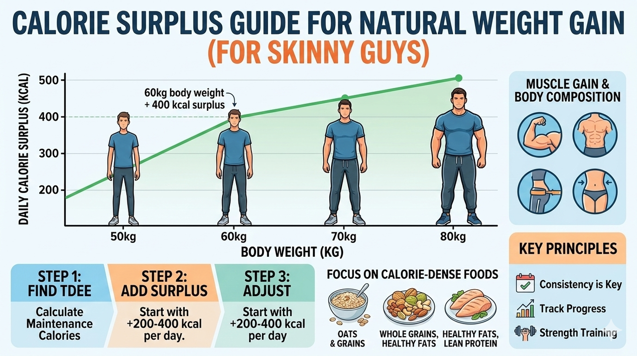 Chart showing calorie surplus required for weight gain based on body weight for how to gain weight naturally for skinny guys