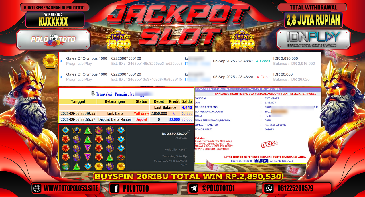POLOTOTO JACKPOT SLOT GATES OF OLYMPUS 1000 Rp.2.850.000,-