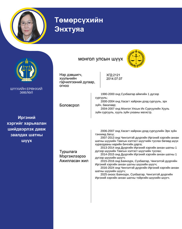 Иргэний хэргийг харьяалан шийдвэрлэх давж заалдах шатны шүүхийн шүүгчид нэр дэвшигч Т.Энхтуяагийн мэргэжлийн үйл ажиллагааны танилцуулга