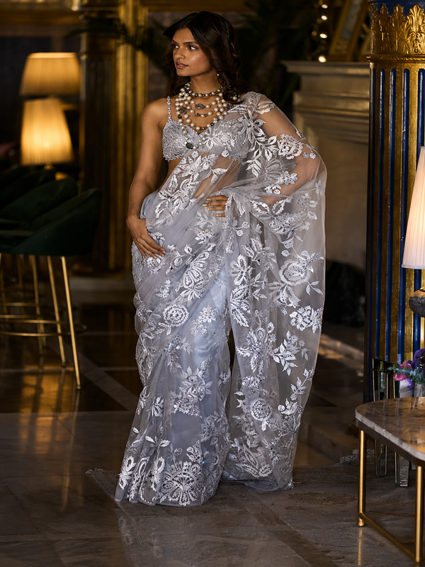 Seema Gujral silver embroidered couture saree