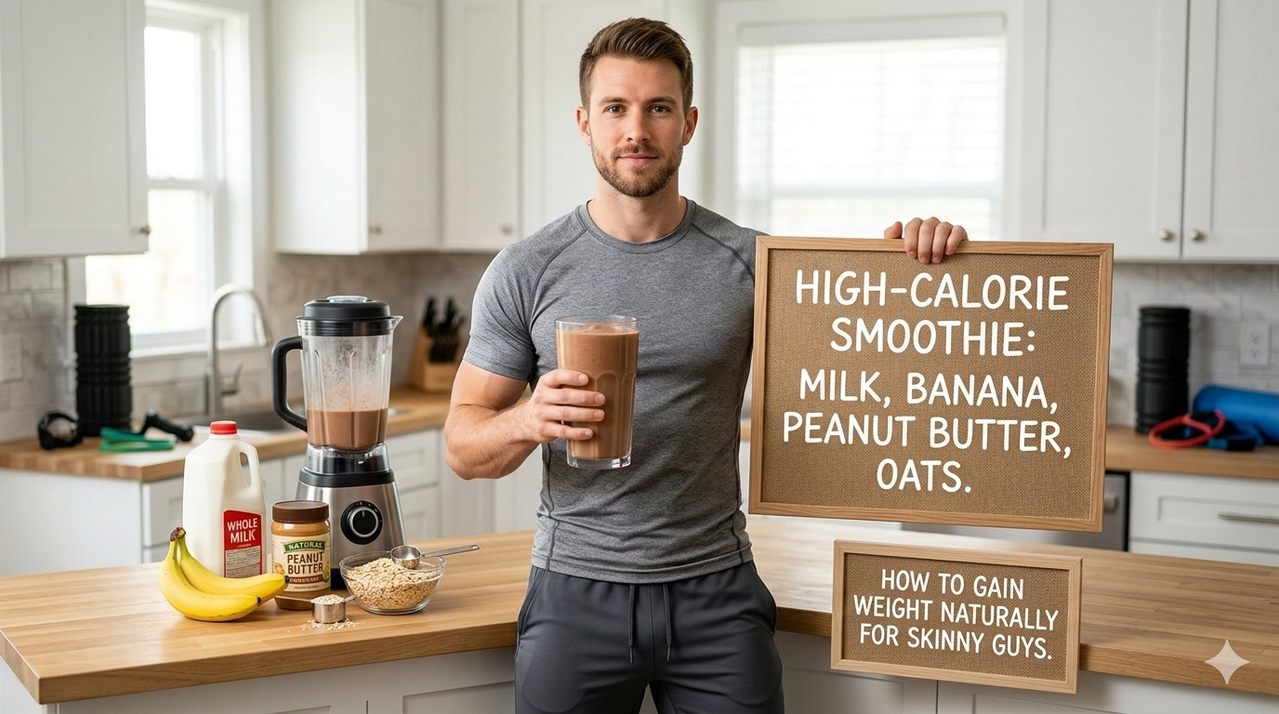 High-calorie smoothie with milk, banana, peanut butter, and oats for how to gain weight naturally for skinny guys