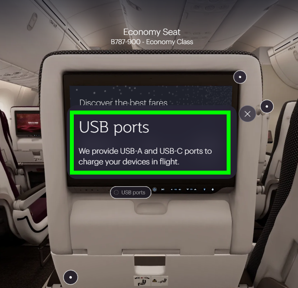 Puertos USB. Proporcionamos puertos USB-A y USB-C para cargar sus - On board Qatar Airways: equipaje de mano, menús, pantallas.