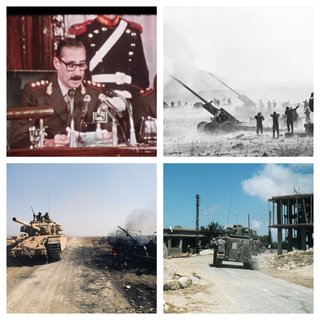 En suivant le sens des aiguilles d'une montre, nous pouvons voir une photo de Sertiani Samir lors de sa déclaration de guerre un barrage d'artillerie sur albeville un véhicule de transport blindé Lermandien à aripelas et un char Lermandian dépassant un véhicule de transport détruit alors qu'il se dirigeait vers ariples 