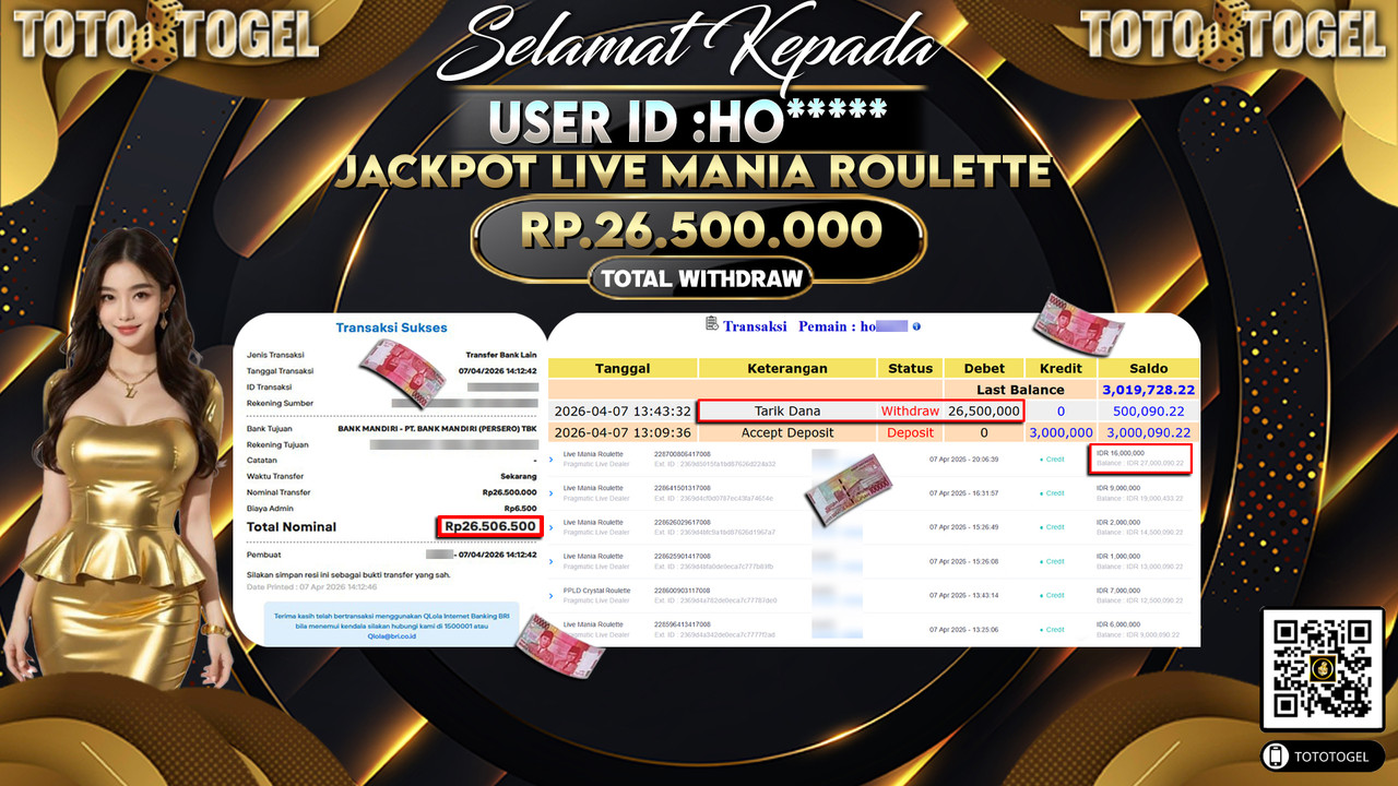 Bukti Pembayaran Jackpot Permainan Pragmatic Live Mania Roulette ID:HO*****LUNAS