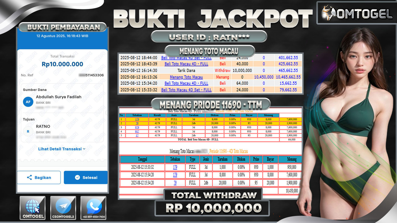 OMTOGEL JACKPOT TOTO MACAU 3D 2D 10 JUTA DI BAYAR LUNAS ,-