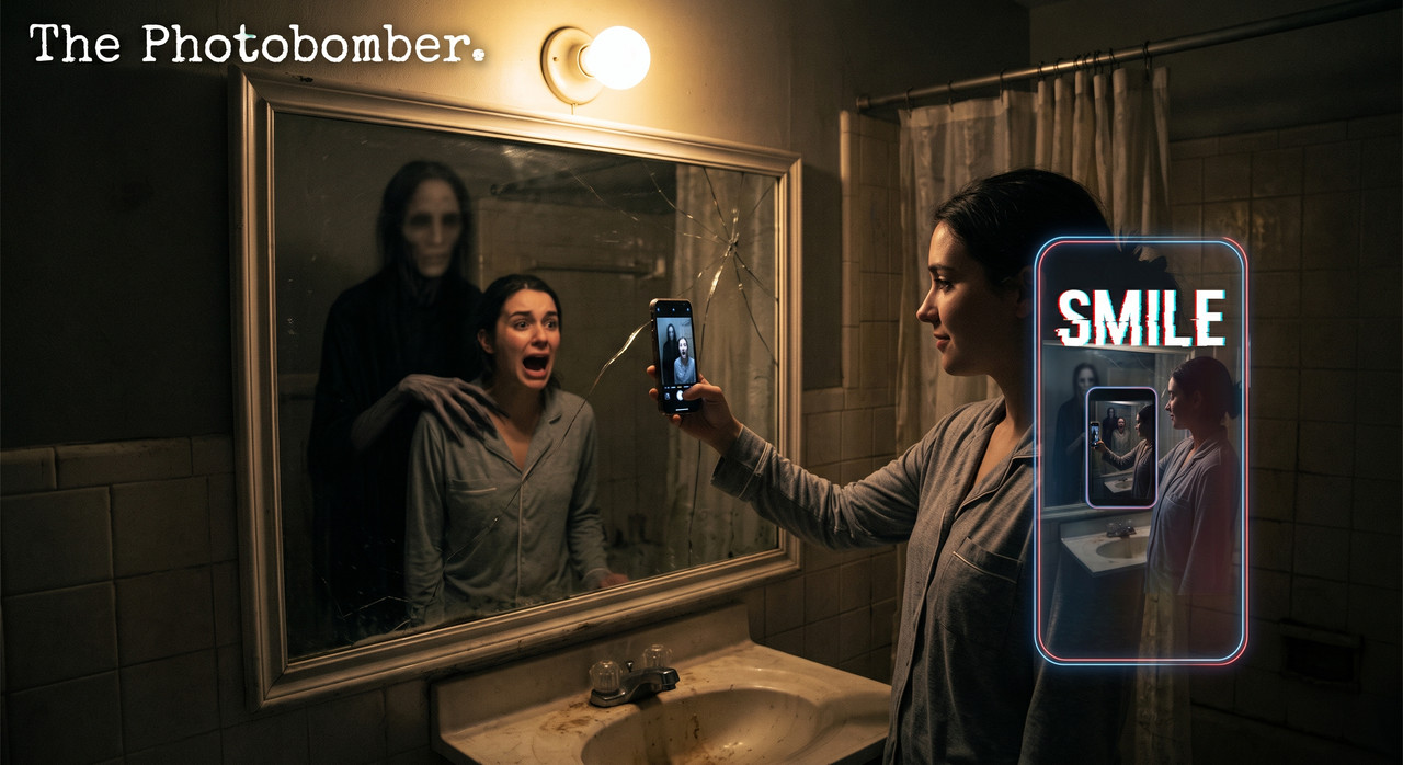 A woman takes a selfie in front of a cracked mirror; the reflection shows a tall blurred-faced figure behind her, reaching toward her shoulder, while the phone screen displays the same image with the word "SMILE."