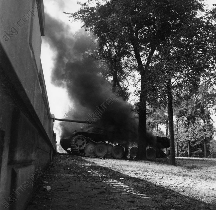 char blindé allemand brûlant dans le jardin des 