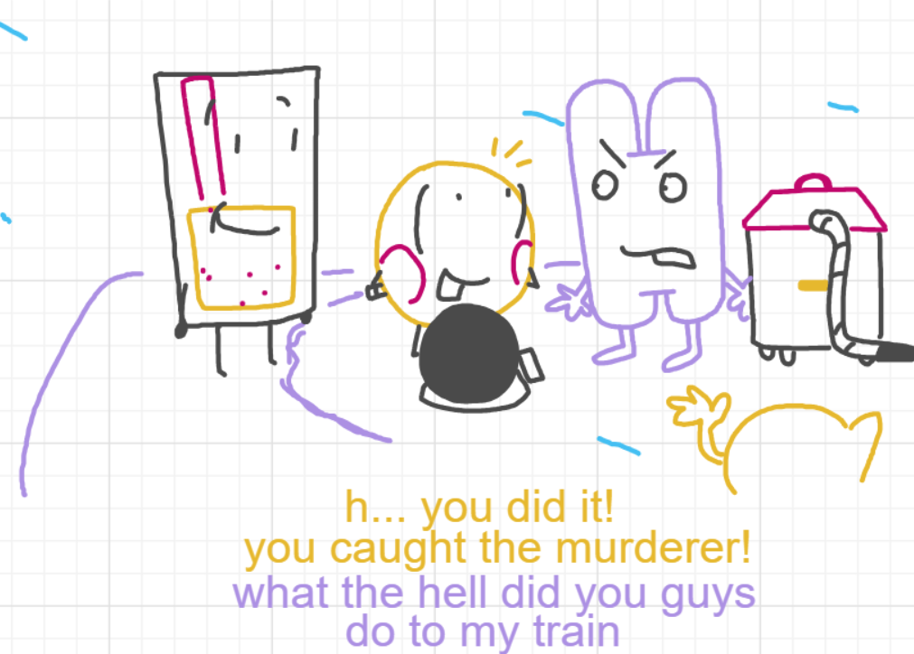 A panel from A Murder On The, episode six of the Board Boards object show by Furretwalk/WalkingFurret.