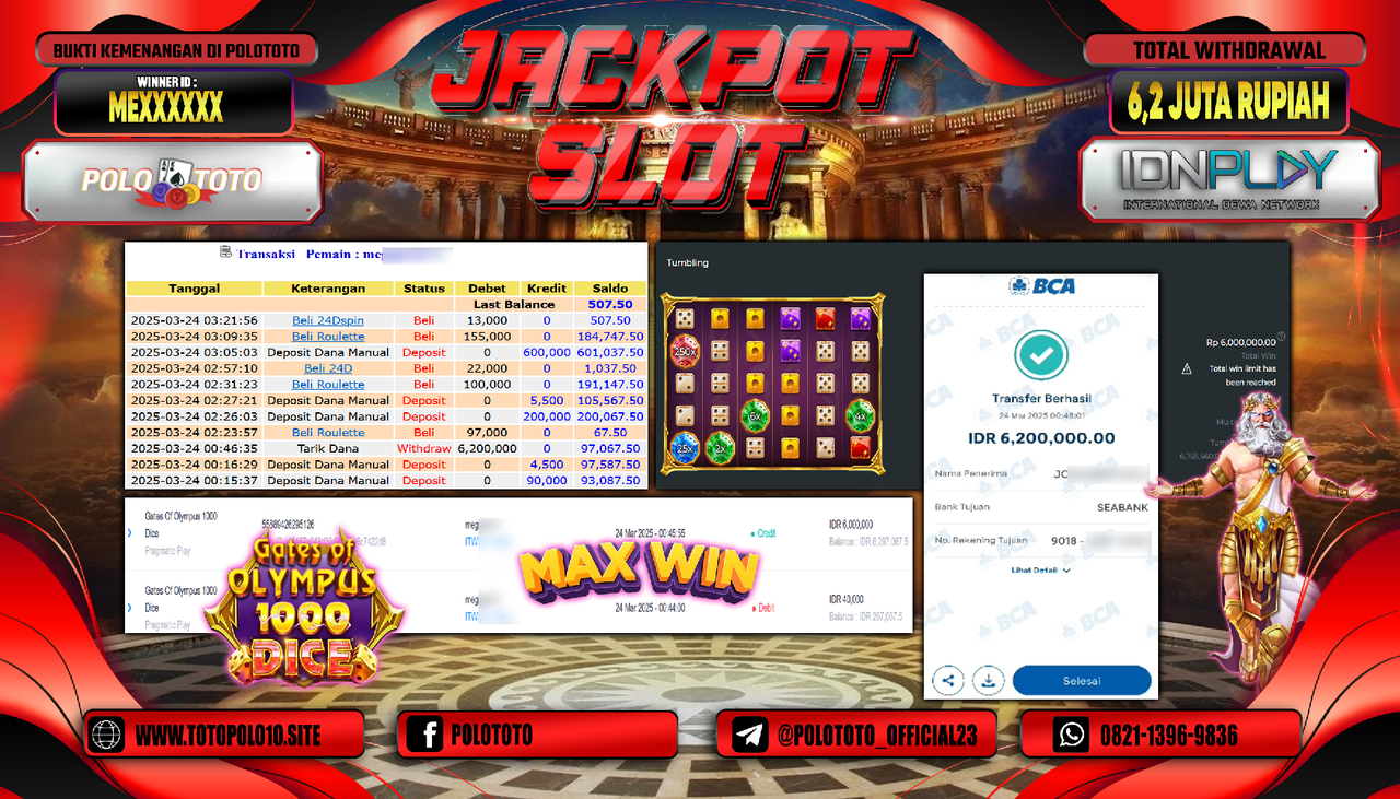 POLOTOTO JACKPOT SLOT GATES OF OLYMPUS 1000 DICE Rp.6.200.000,-