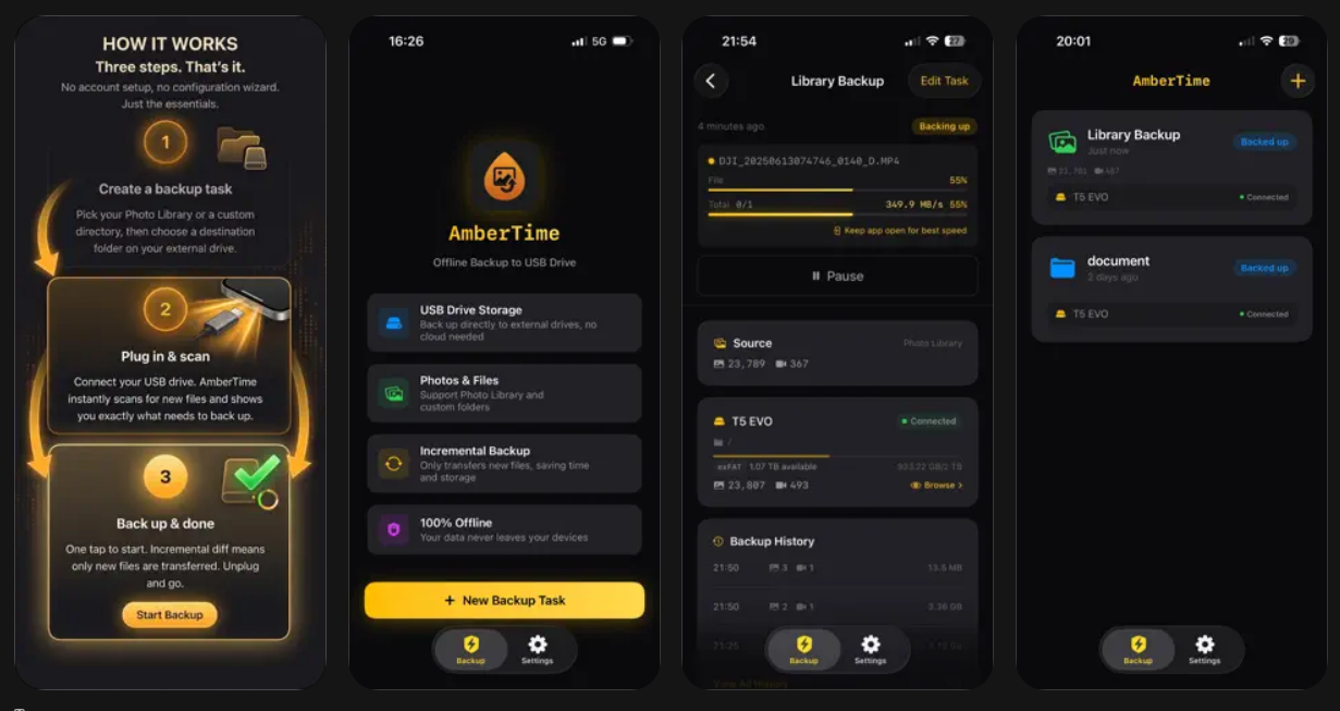 AmberTime app backup ảnh iPhone vào USB miễn phí