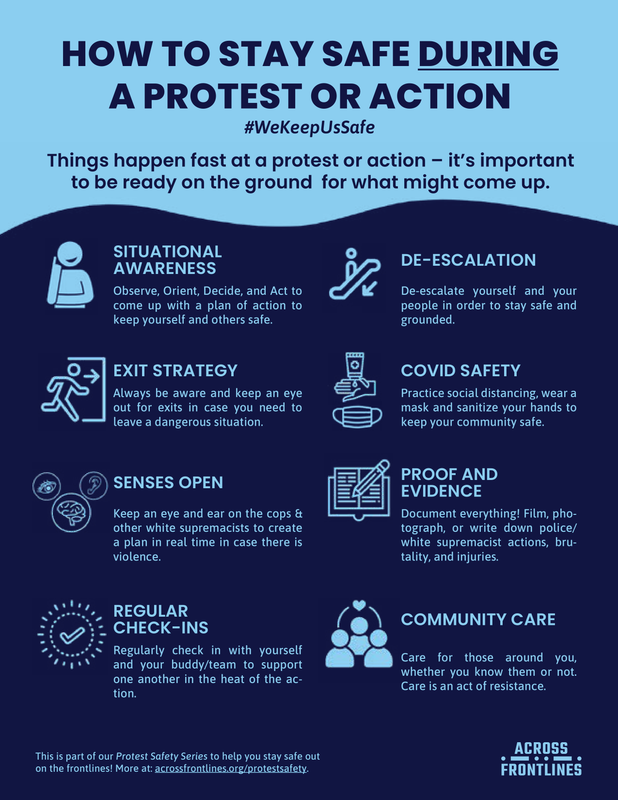 HOW TO STAY SAFE DURING
A PROTEST OR ACTION
#WeKeepUsSafe
Things happen fast at a protest or action – it’s important
to be ready on the ground for what might come up.
SITUATIONAL
AWARENESS DE-ESCALATION
Observe, Orient, Decide, and Act to
come up with a plan of action to
keep yourself and others safe.
De-escalate yourself and your
people in order to stay safe and
grounded.
EXIT STRATEGY COVID SAFETY
Always be aware and keep an eye
out for exits in case you need to
leave a dangerous situation.
Practice social distancing, wear a
mask and sanitize your hands to
keep your community safe.
SENSES OPEN PROOF AND
EVIDENCE
Keep an eye and ear on the cops &
other white supremacists to create
a plan in real time in case there is
violence.
Document everything! Film, photograph, or write down police/
white supremacist actions, brutality, and injuries.
REGULAR
CHECK-INS COMMUNITY CARE
Regularly check in with yourself
and your buddy/team to support
one another in the heat of the action.
Care for those around you,
whether you know them or not.
Care is an act of resistance.
ACROSS
FRONTLINES
ACROS