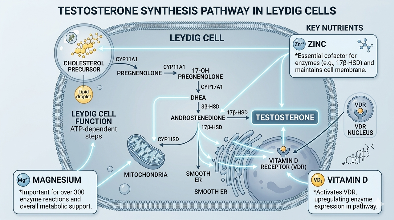 Diagram showing testosterone synthesis pathway in Leydig cells with cholesterol as precursor and key nutrients zinc magnesium vitamin D