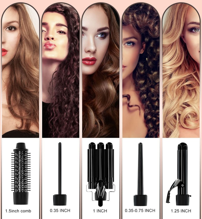 A set of five curling wands and hairstyles that can be made with them