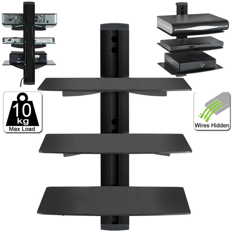 1 2 3 Tier Black Floating DVD Player Glass Shelf for Small LCD LED TV