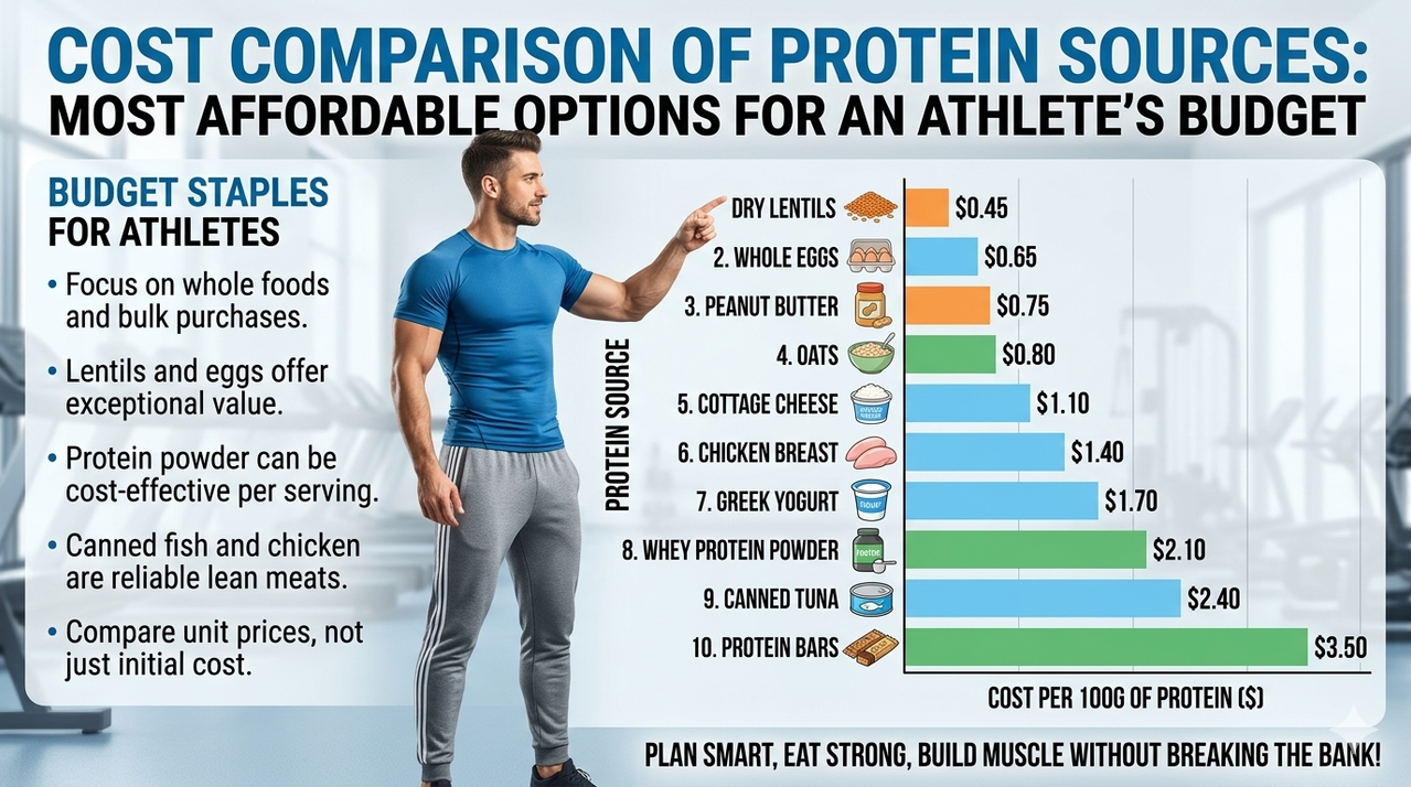 Cost comparison chart of various protein sources showing most affordable options for athletes budget with price per gram analysis