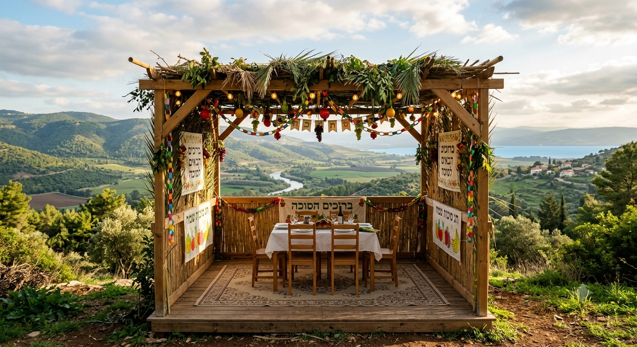 A built sukkah in a European courtyard, set for the evening meal
