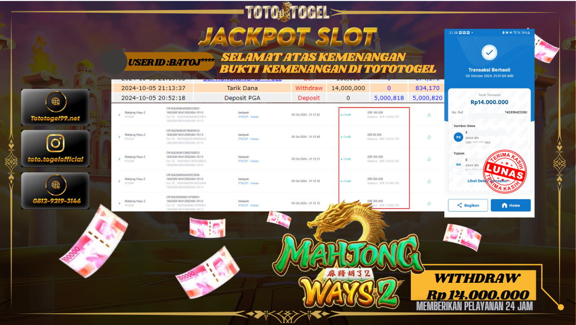 Bukti Kemenangan Permainan Slot Mahjong WayS 2  ID : BATOJ** Terbayar Lunas!!