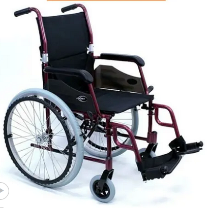 an internet retailer photo of a basic hospital style wheelchair with fixed footrests, no cushions, and a high back