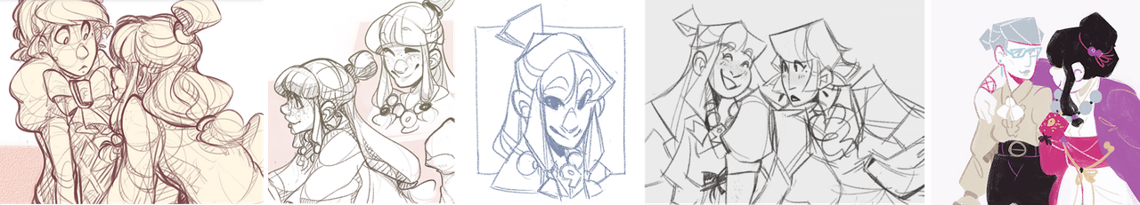 5 drawings of Franziska and Maya, primarily together. The first image is a very messy drawing of the two of them, the second features two sketches of Maya, a little cleaner than the previous with a distinctly "swoopy" quality to the lines, the third is a much cleaner rather drawing of Maya, the fourth is similar to the previous but with more emphasis on shapes, and the last is a largely lineless drawing of them entirely comprised of shapes.
