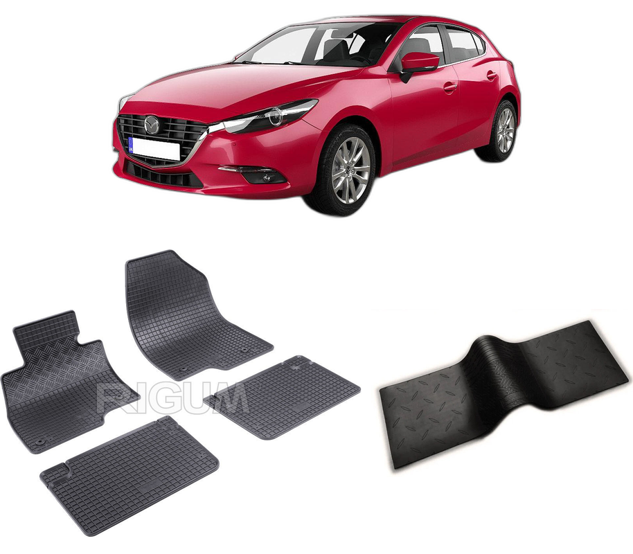 Set covorase auto MAZDA 3 III din 09.2013-02.2019, cu covoras tunel median, CAROSERIE HATCHBACK, Presuri cauciuc 100%, compatibil cu autoturismul MAZDA 3 III, Rigum