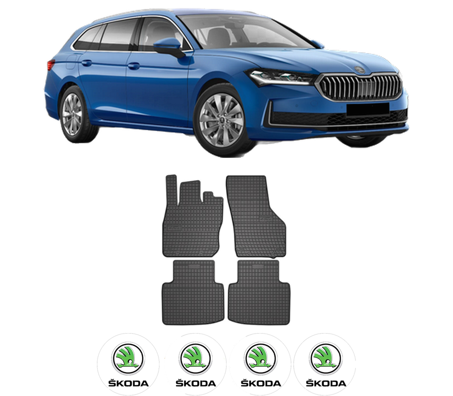 Set covorase presuri SKODA SUPERB IV (NZ3) din 2023-2025, auto, din cauciuc thermoplastic, 4 Stickere auto cu SKODA