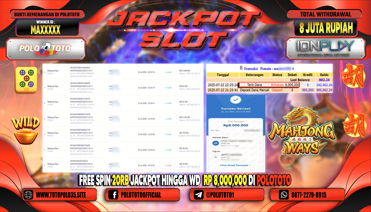POLOTOTO JACKPOT SLOT MAHJONG WAYS Rp.8.000.000,- LUNAS